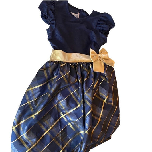 Bonnie Jean Navy blue gold Fancy party dress plaid bow 16 16