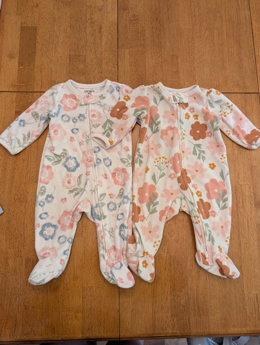 Carter's, 0-3m, 2 pack, fleece footed pajamas double zipper, cream/pink/blue floral, pink/orange floral Newborn