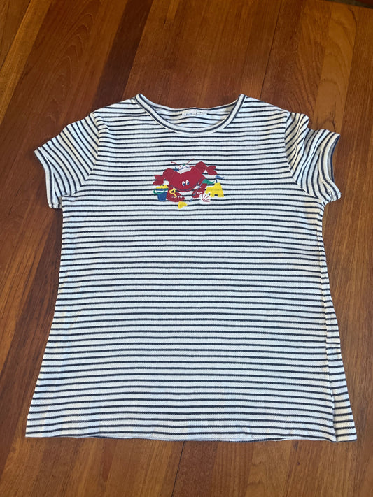 FAST FRIENDS size 10 Navy and white stripe pique top with crab appliqué 10