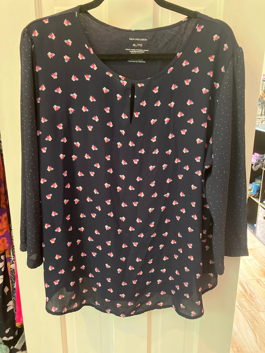 Van Heusen size XL long sleeve blouse camisole Navy blue floral pattern polka dot sleeves tunic Women's - XL