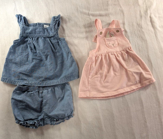 Carter's 6 mo girl's outfits One jean tank with shorts, one bunny pocket dress 6 Months