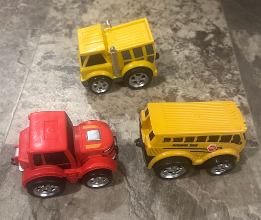 3pc Toddler Pull-Back Propelled Trucks Red Tractor, School Bus, Yellow Dump Truck Toy Vehicles