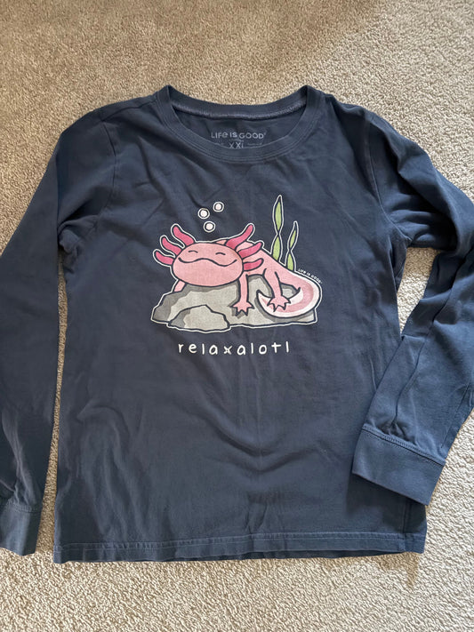 Life Is Good, XXL, Relaxalotl long sleeve tee with pink axolotl graphic, darkest blue, unisex 14