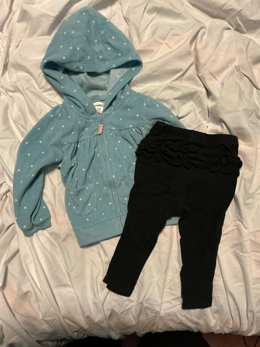 Carter, Old Navy Fleece polkadot zip up, black ruffled butt leggings 12 Months