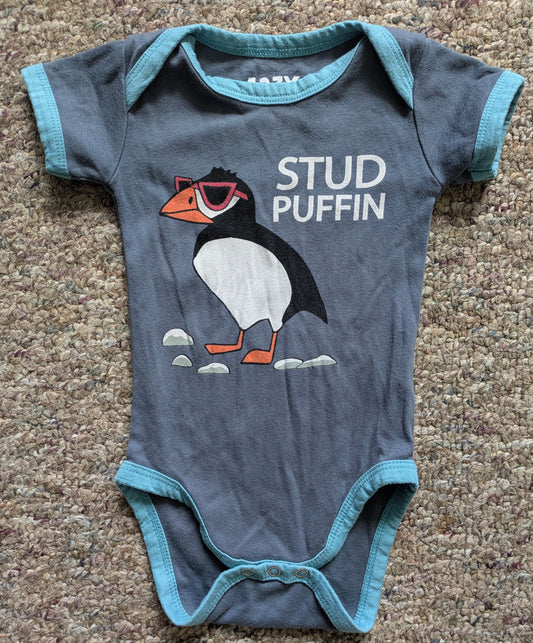 Lazy one Puffin themed short sleeve onesie 6 Months