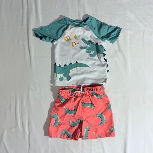 Cat & Jack 2 piece swim outfit rashguard shirt and crocodile swimtrunks 12 Months