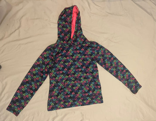 Xersion polyester hoodie w/ thumb holes, charcoal background w/ pixelated purple/pink/blue/teal/hot pink hearts 16