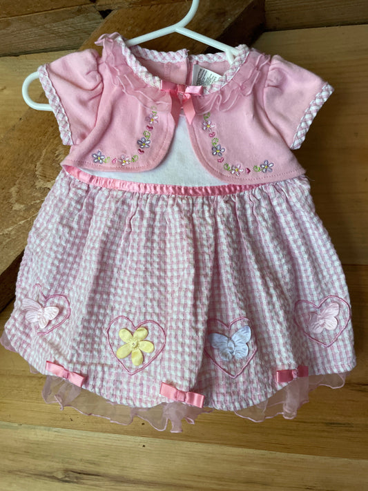 Youngland, 12m, pink gingham dress with embroidery sheer ruffles and silky butterflies, flowers and bows 12 Months