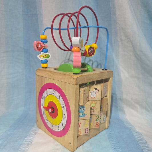 wooden activity cube, beads, clock, spinner  Toddler
