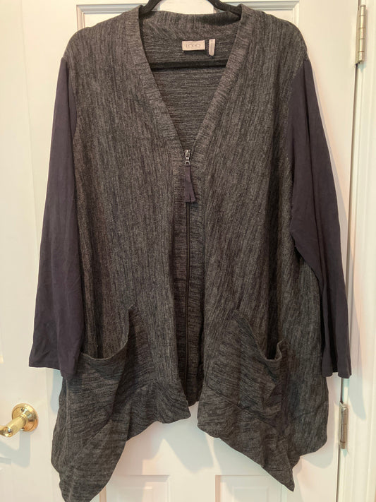 Logo Lori Goldstein zip up sweater velvet sleeves Black sleeves front pockets asymmetrical bottom Women's - XL