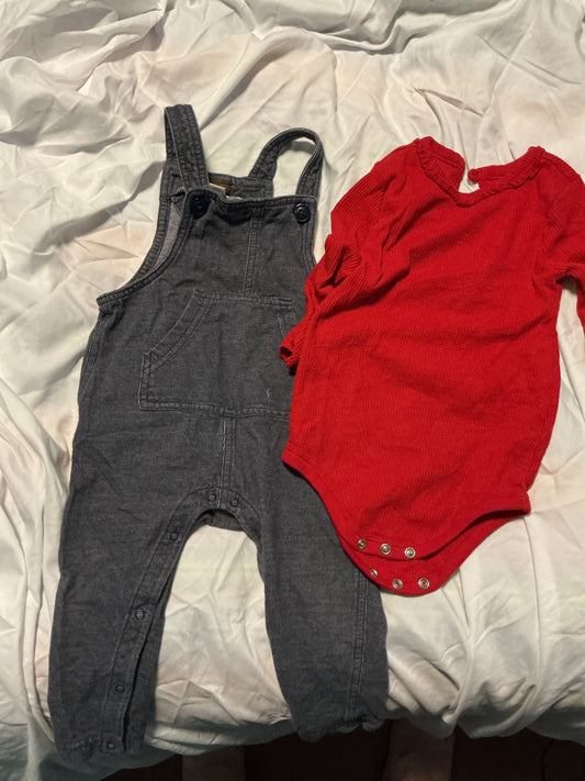 Tea, garanimals Jean overalls with a red ribbed onesie 12 Months