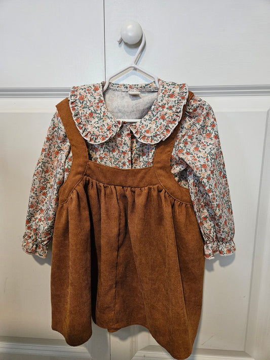 Shein Floral longsleeve shirt w/brown ribbed overall dress 12 Months