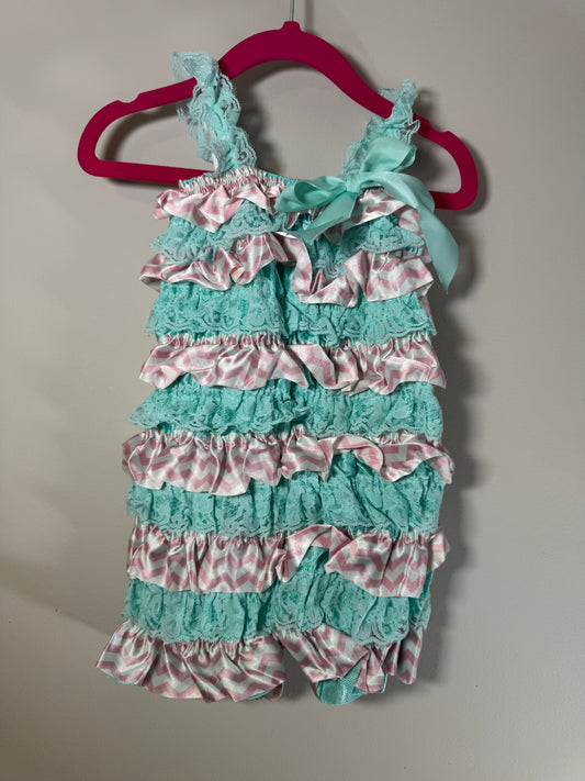 Petti Romper Light Turquoise Lace & Pink/White Satin Chevron Romper 24 Months