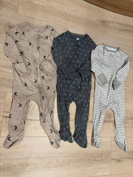 Cloud Island 6-9 Month Footy Sleepers Moons and Star, Gray Stars, Gray and White Stripes 6 Months