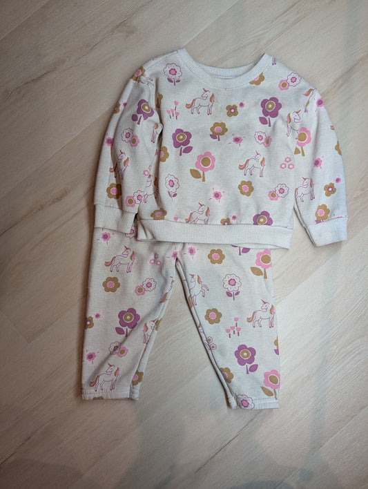 Garanimals sweatsuit, 18m Beige sweatshirt with matching pants, unicorns and flowers 18 Months