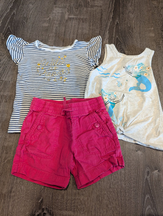Carter's and Wonder Nation Shorts, 2 Tops Pink Drawstring Shorts, Mermaid Tank, Wild at Heart Gold/Striped 4T/4