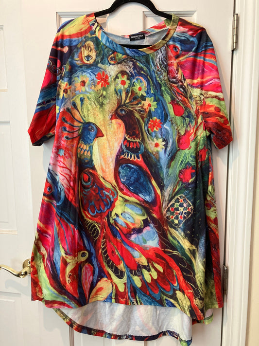 Noracora size 3xl peacock tropical bird tunic Long tshirt or dress Caribbean beach ware short sleeve tshirt Women's - XXXL