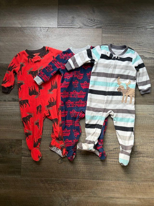 Carters, 12m, Fleece Pajamas 3 Pack: Stripes, Firetrucks, Moose patterns 12 Months