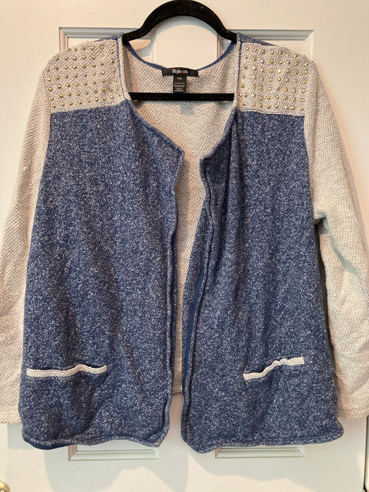 Style & co long sleeve open front sweater Faux denim blue grey sleeves rhinestone studded shoulders Women's - XXL