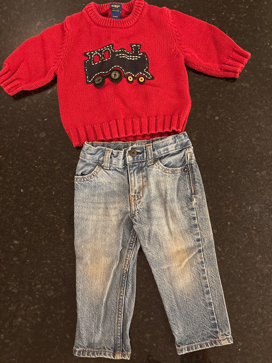 Osh Kosh Osh Kosh red train sweater and jeans size 12m 12 Months