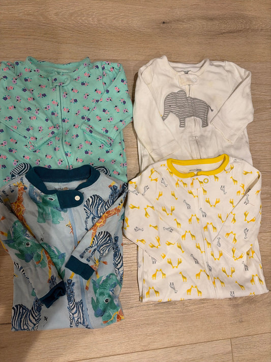 Simple Joys and Burts Bees 3-6 Month Footy Sleeper Blue with Flower, White with Elephant, Yellow giraffe, Blue Zebr 3 Months