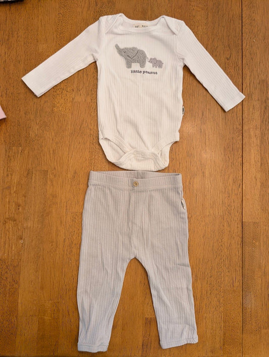 Rabbit & Bear, 6-9m, white long sleeve onesie ribbed, elephants, gray ribbed pants, fits more like 3-6m 6 Months