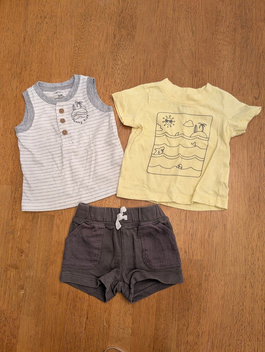 Carter's, 3m, 3 piece - summer yellow t-shirt white/gray striped tank top, gray shorts w/ pockets 3 Months