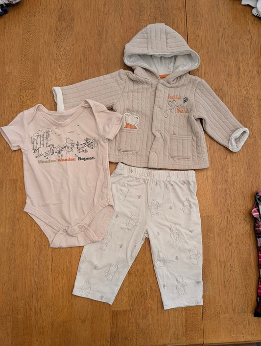 Disney Baby, 3-6m, 3 pc set, beige t shirt onesie tan hooded quilted button up long sleeve, and white pants, Pooh 3 Months