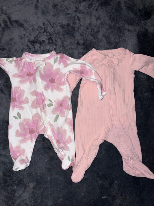 Carters Newborn Set of 2 Pink Sleepers Floral & Ribbed Pink Designs Newborn