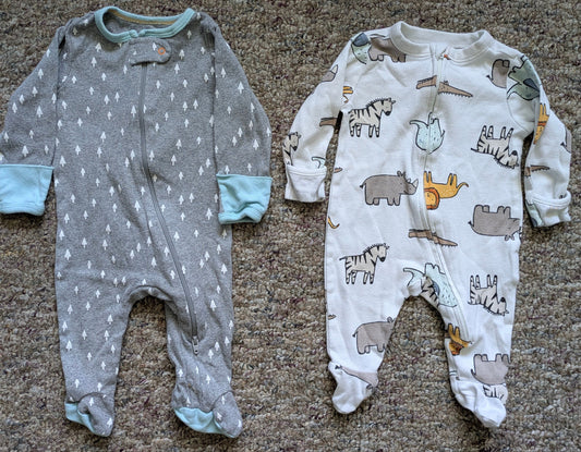 Old navy & cloud Island Jungle animal & grey w trees zipped sleepers w feet Newborn