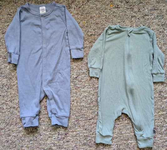 Modern moments: 3-6 months Grey and green ribbed button up & zip sleepers 3 Months