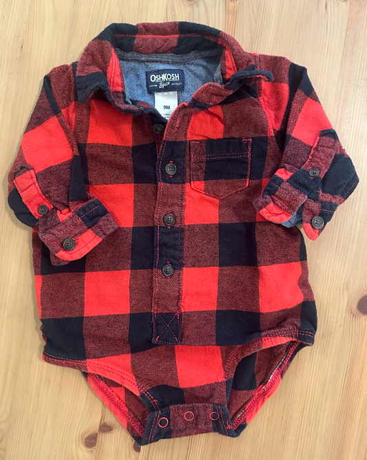 Oshkosh Red Buffalo Plaid Flannel Onesie Button-Up LS Shirt, Red/Black/Gray Plaid, Button Cuffs, Onesie Snaps 9 Months