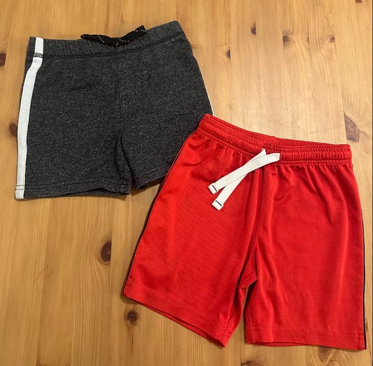 2pc Jumping Beans/Carters Sport Athletic Shorts Red Swishy Material Shorts, Dk Gray w/ White Stripe on Sides 24 Months