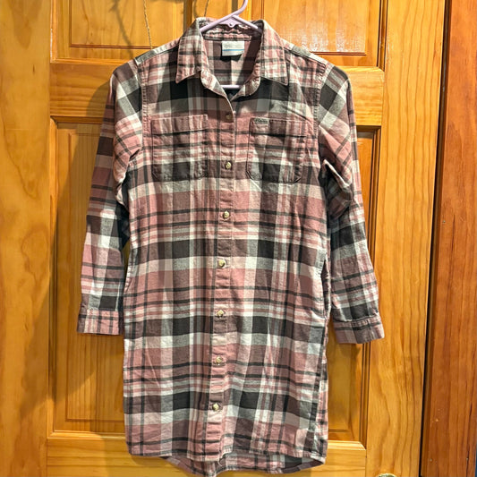Columbia girls size 10/12 Medium mauve black plaid flannel shirt dress with pockets 10