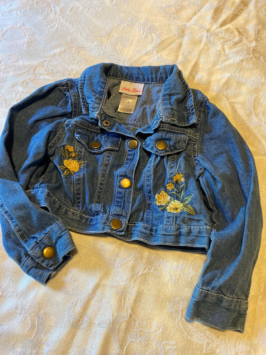 Little Lass, 4 crop top denim jacket, embroidered yellow flowers, snap buttons 4T/4