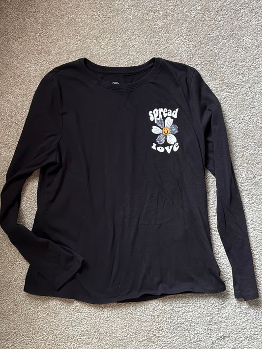 wonder nation, XXL, girls long sleeve t-shirt black with Spread Love sequin daisy graphic on the chest 18