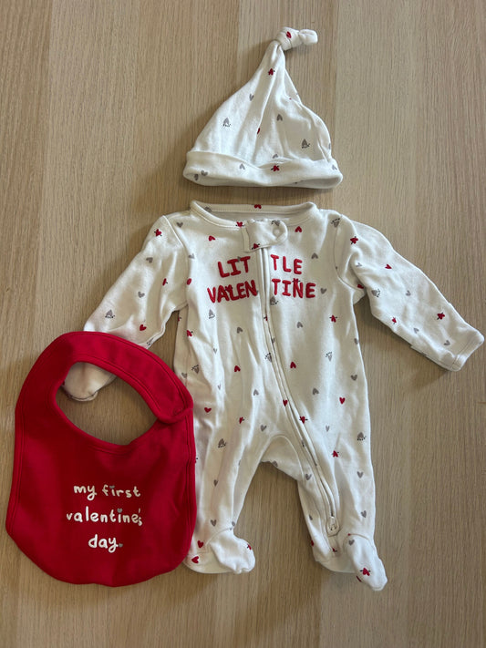 Carters Newborn Little Valentine sleeper with cap White with hearts, comes with Valentines Day bib Newborn