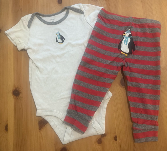 2pc 12m Carters Penguin Outfit, SS White Onesie w/ Penguin, Red/Gray Striped Pants w/ Penguin on Bottom 12 Months