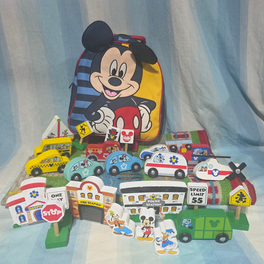 Melissa & Doug Disney Mickey Mouse Deluxe Wooden Backpack, play rug, cars and more included Toy Vehicles