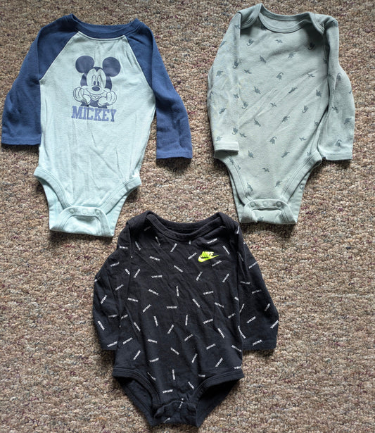 Disney, Nike, jumping beans Long sleeved onesies, Mickey, dino and nike 9 Months