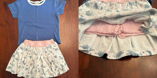 Luigi Kids Shirt and skirt with built in shorts, turtles, blue pink white 5T/5