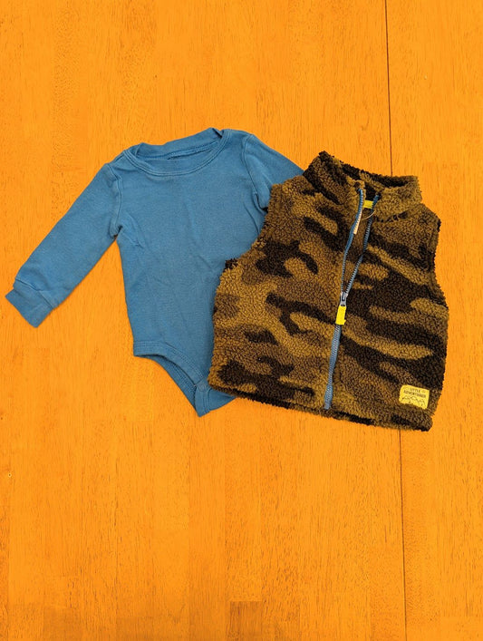 Carter's, 6m, 2 pc -  blue long sleeve onesie green camo zip up fleece vest 6 Months