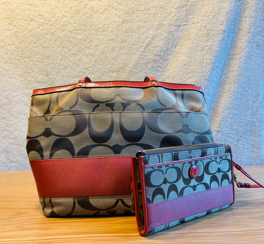Coach purse and matching wallet/wristlet Coach purse and matching wallet/wristlet, with orange accent Purse