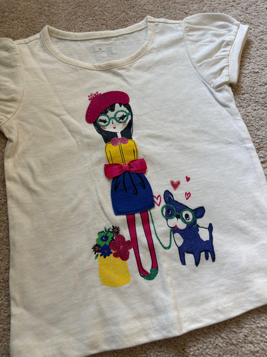 Baby Gap, 3T, Girls graphic short sleeve t-shirt white with embodied appliqués of girl walking a dog, NWOT 3T