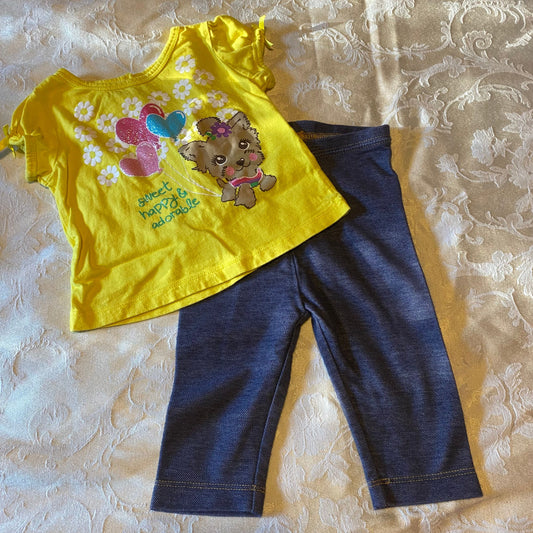 Wonderkids and Old Navy, 18m yellow puppy shirt blue faux denim capris pants 18 Months