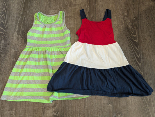 1989 Place/Wonder Nation Set of 2 Dresses Green and Grey Striped w/ Lace Racerback, Red/White/Blue Striped 4T/4