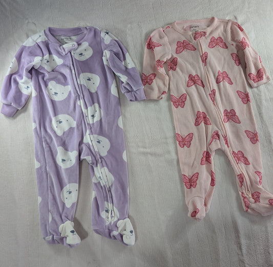 Carter's 9 mo footed sleepers, lot of 2 Pink with butterflies, purple with bears 9 Months