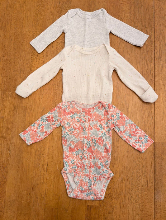Carter's, Newborn, 3 piece, long sleeve onesies cream/dots waffle knit fold over hands, pink/green floral, gray Newborn