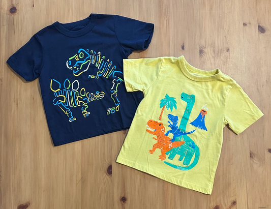 2pc NWOT Children's Place Dinosaur Tees T-Shirts Navy Neon Dino Skeleton Outlines, Yellow Dinos w/ Volcano 2T