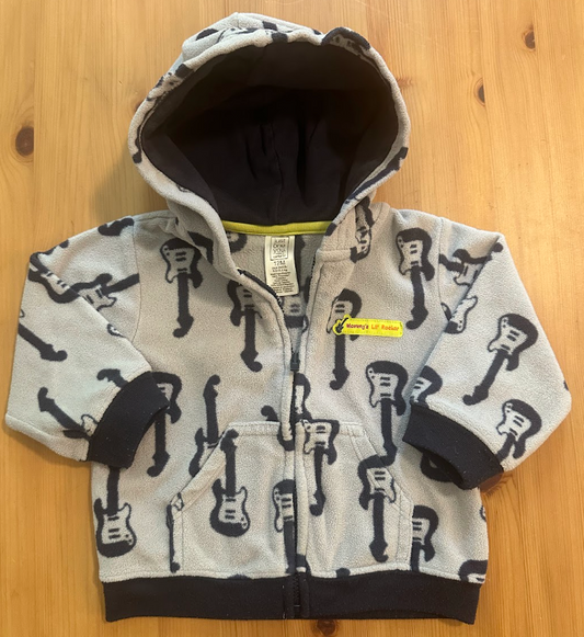 12m Just One You by Carters Fleece Full Zip Jacket Hooded, Gray Guitar Print w/ Navy Cuffs and Belly Pocket 12 Months
